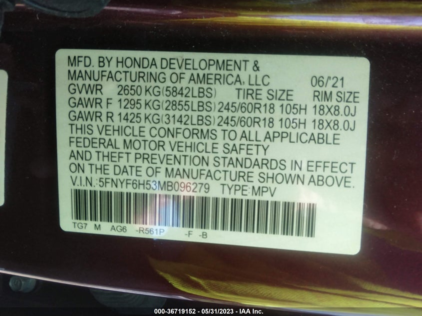 VIN 5FNYF6H53MB096279 2021 HONDA PILOT EX-L