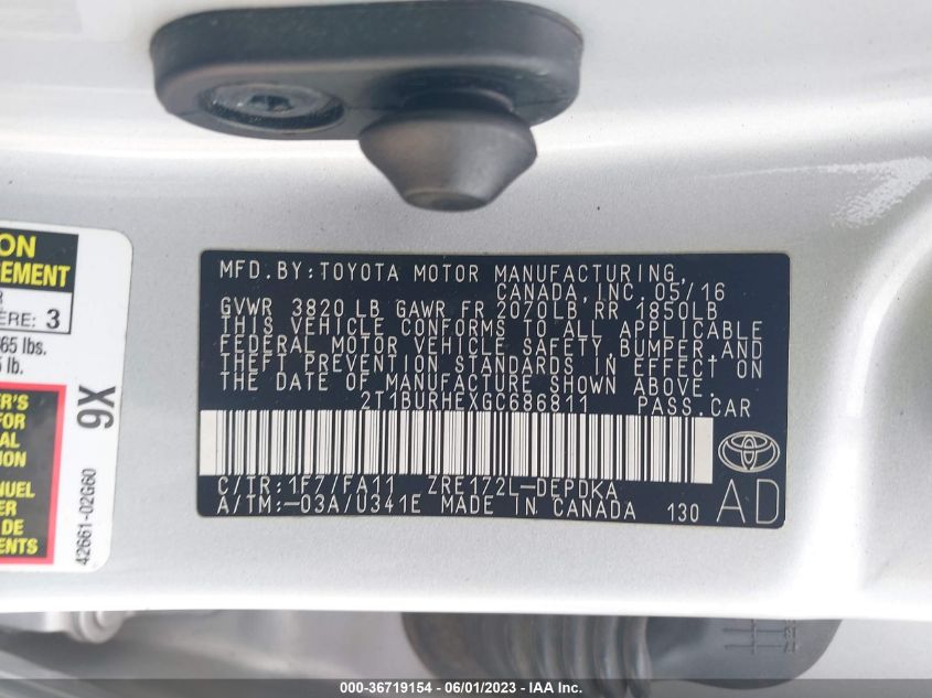 2016 TOYOTA COROLLA L/LE/S/S PLUS/LE PLUS - 2T1BURHEXGC686811