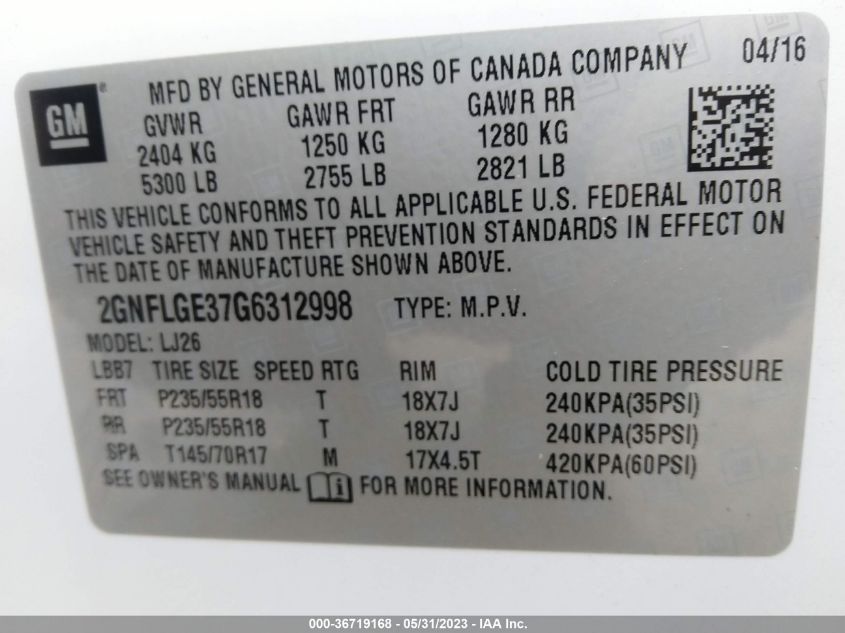 2016 CHEVROLET EQUINOX LTZ - 2GNFLGE37G6312998