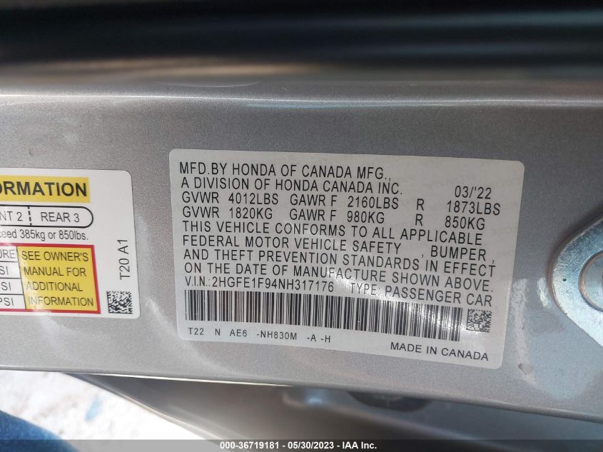 2022 HONDA CIVIC SEDAN TOURING - 2HGFE1F94NH317176