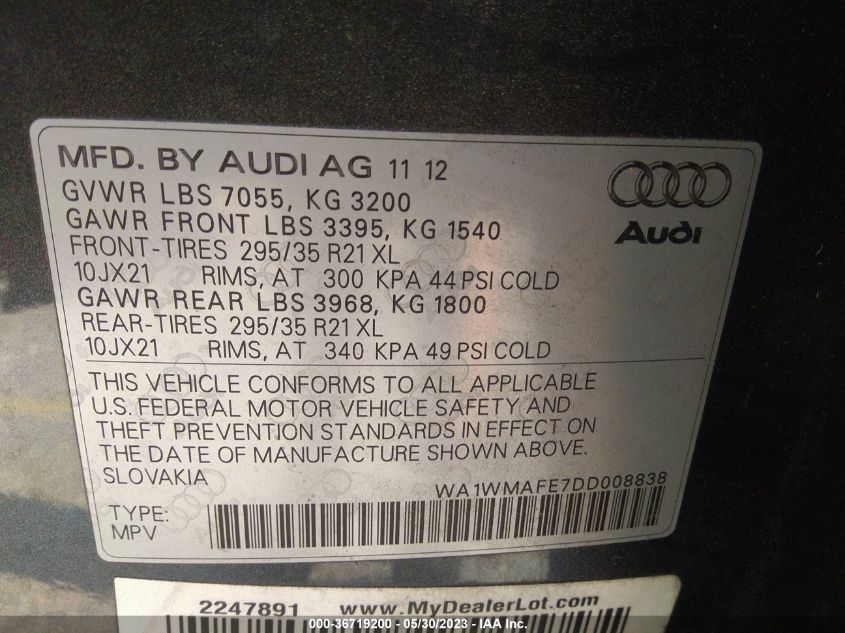 2013 AUDI Q7 3.0L TDI PRESTIGE - WA1WMAFE7DD008838