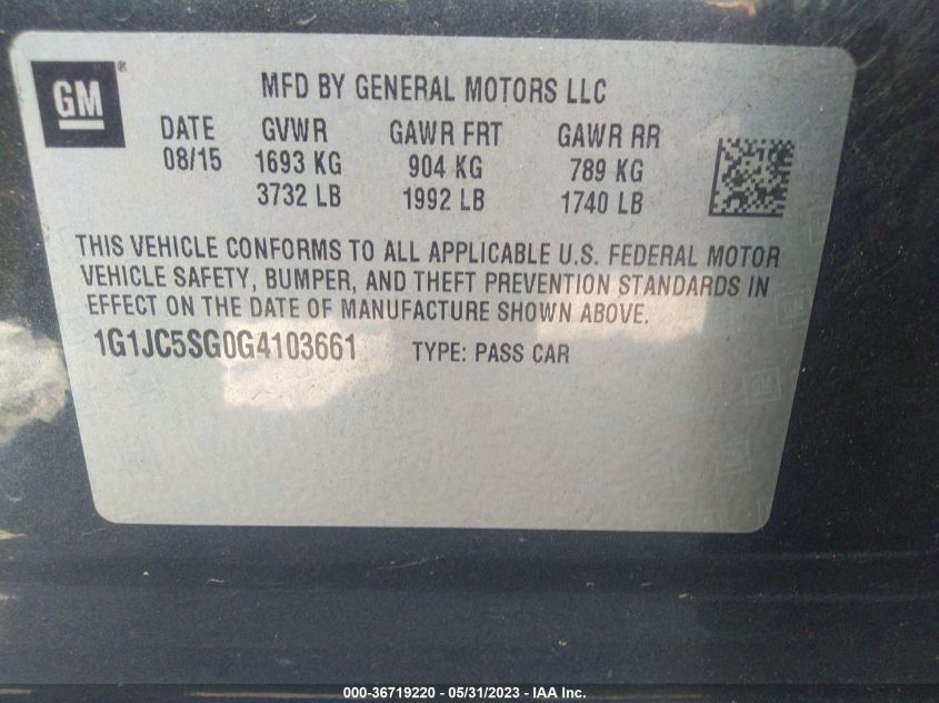 2016 CHEVROLET SONIC LT - 1G1JC5SG0G4103661
