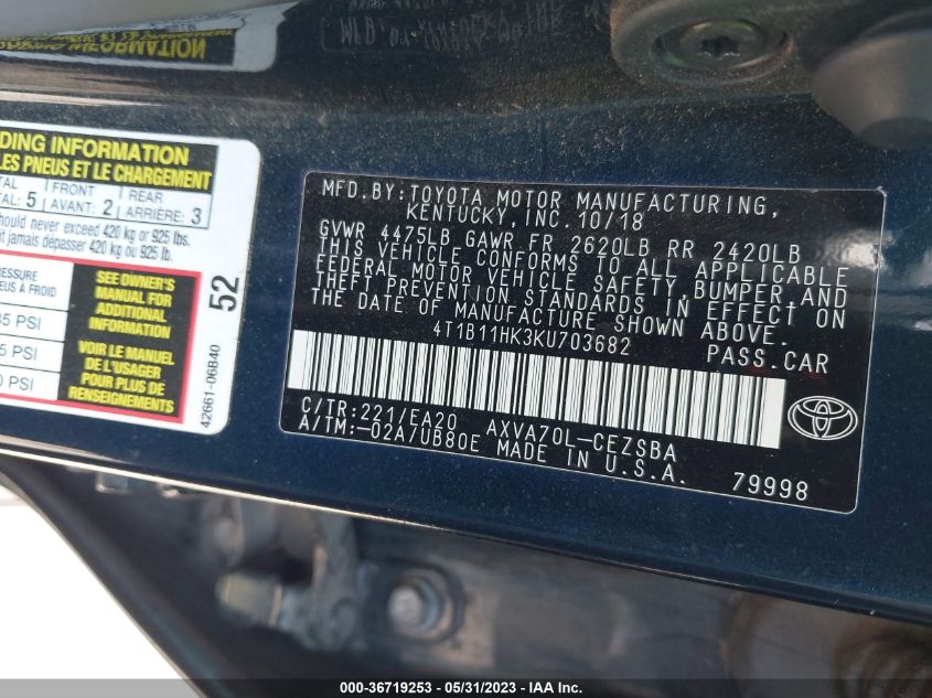 2019 TOYOTA CAMRY LE/SE/XLE/L - 4T1B11HK3KU703682
