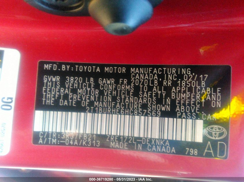 2017 TOYOTA COROLLA LE - 2T1BURHE6HC857569