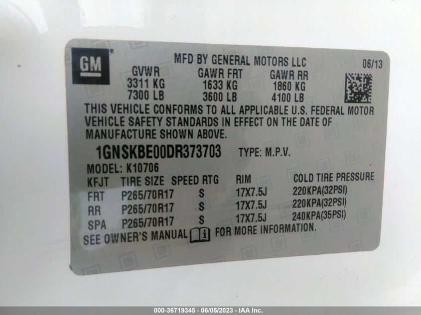 2013 CHEVROLET TAHOE LT - 1GNSKBE00DR373703