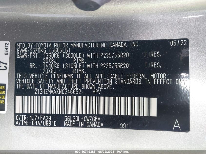 2022 LEXUS RX RX 350 - 2T2HZMAAXNC246652