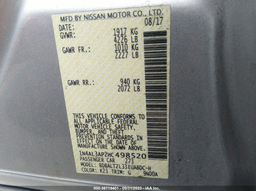 2017 NISSAN ALTIMA 2.5 SL - 1N4AL3AP2HC498520