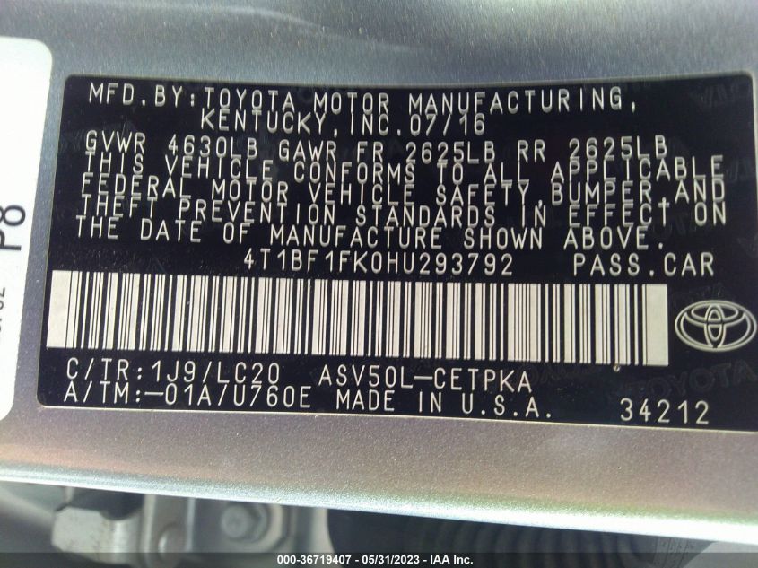 2017 TOYOTA CAMRY XLE/SE/LE/XSE - 4T1BF1FK0HU293792