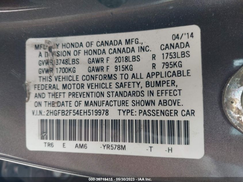 2014 HONDA CIVIC SEDAN LX - 2HGFB2F54EH519978