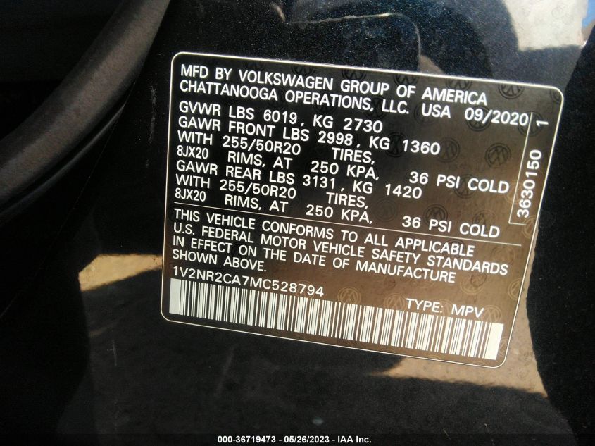 2021 VOLKSWAGEN ATLAS 3.6L V6 SE W - 1V2NR2CA7MC528794