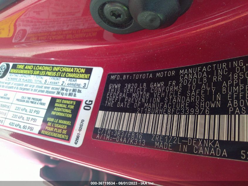 2015 TOYOTA COROLLA L/LE/S/S PLUS/LE PLUS - 2T1BURHE8FC339976