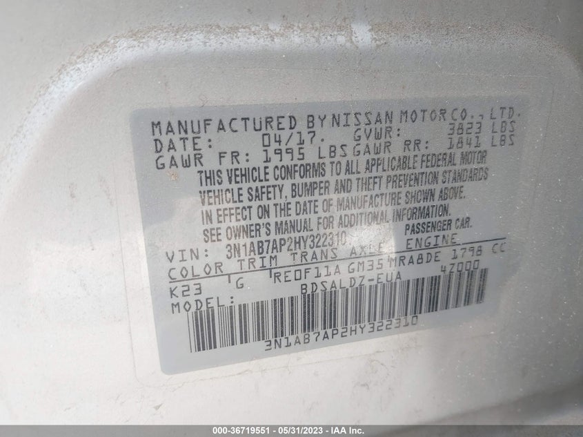 VIN 3N1AB7AP2HY322310 2017 NISSAN SENTRA SV