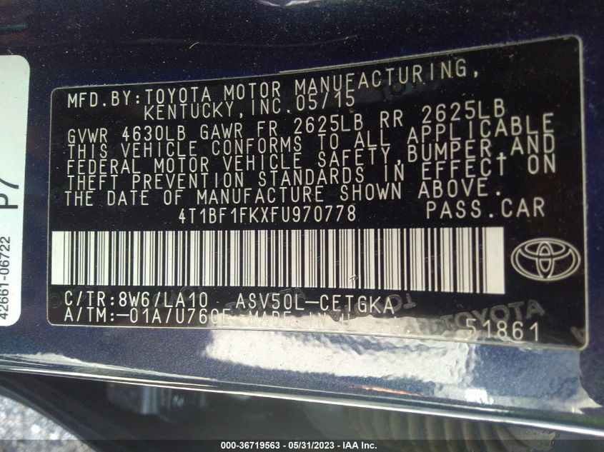 2015 TOYOTA CAMRY XLE/SE/LE/XSE - 4T1BF1FKXFU970778