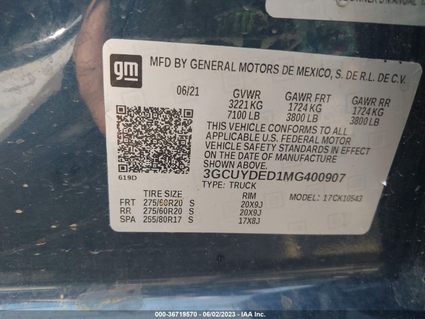 2021 CHEVROLET SILVERADO 1500 LT - 3GCUYDED1MG400907