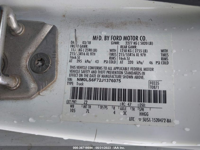 2018 FORD TRANSIT CONNECT VAN XLT NM0LS6F72J1376075
