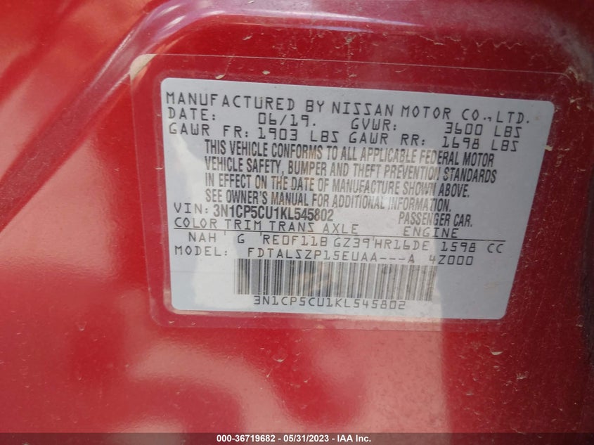 VIN 3N1CP5CU1KL545802 2019 NISSAN KICKS SV