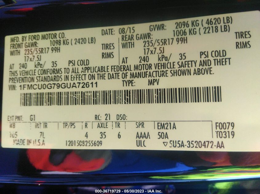 2016 FORD ESCAPE SE - 1FMCU0G79GUA72611