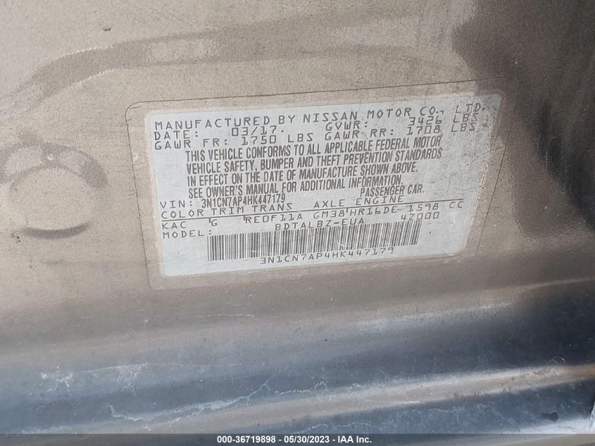 2017 NISSAN VERSA SEDAN SV - 3N1CN7AP4HK447179