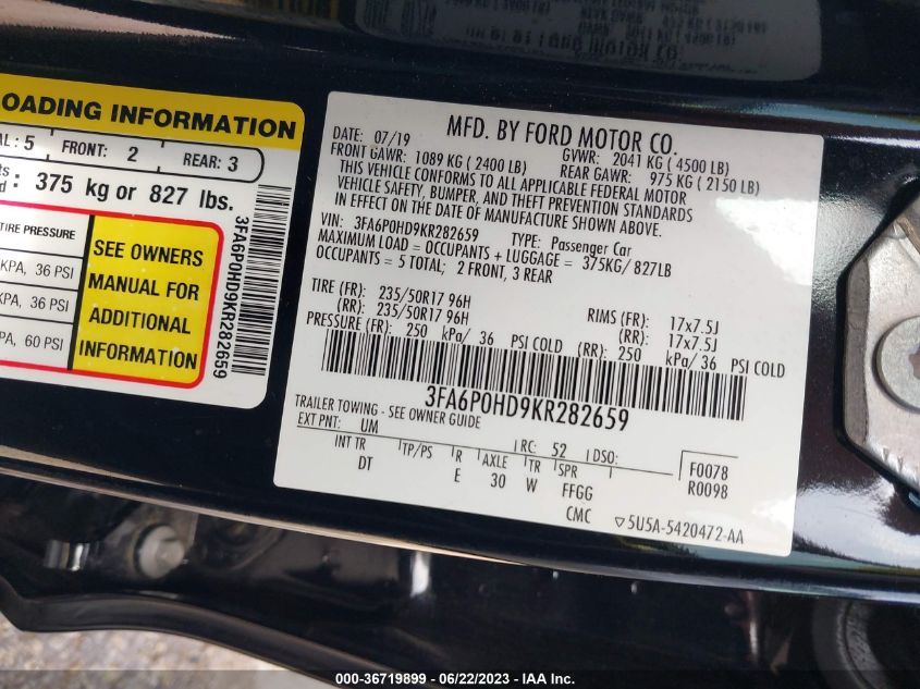 3FA6P0HD9KR282659 2019 FORD FUSION, photo no. 9