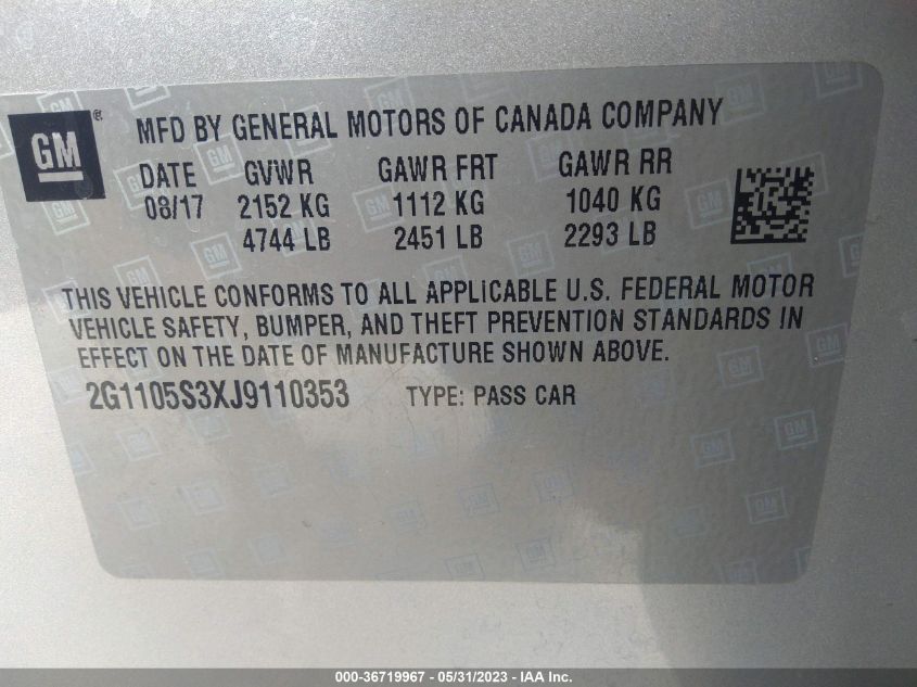 2018 CHEVROLET IMPALA LT - 2G1105S3XJ9110353