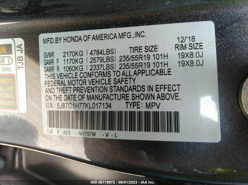 2019 ACURA RDX W/ADVANCE PKG - 5J8TC1H77KL017134