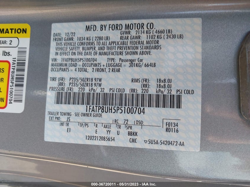 VIN 1FATP8UH5P5100704 2023 FORD MUSTANG ECOBOOST