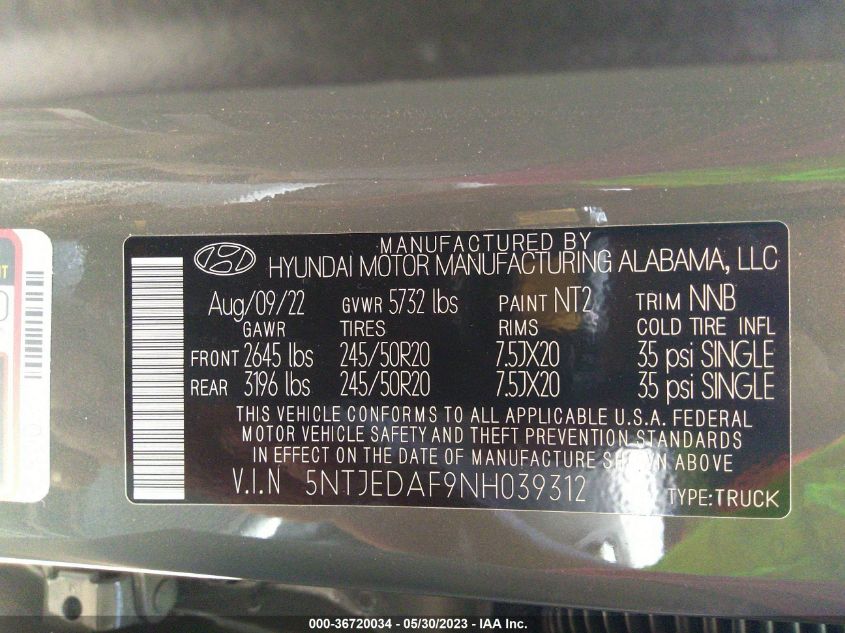 2022 HYUNDAI SANTA CRUZ LIMITED - 5NTJEDAF9NH039312
