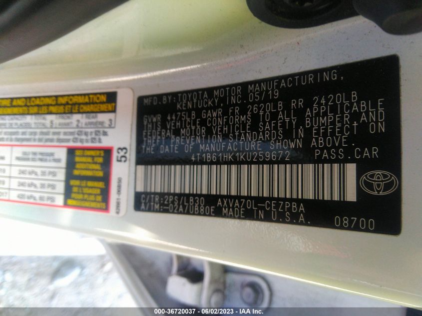 2019 TOYOTA CAMRY XSE - 4T1B61HK1KU259672