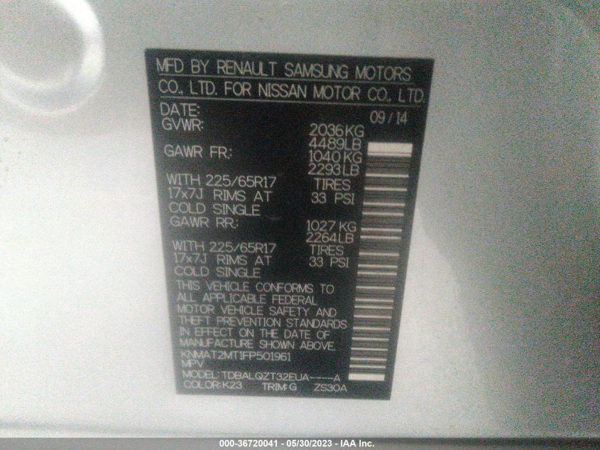 2015 NISSAN ROGUE SV - KNMAT2MT1FP501961