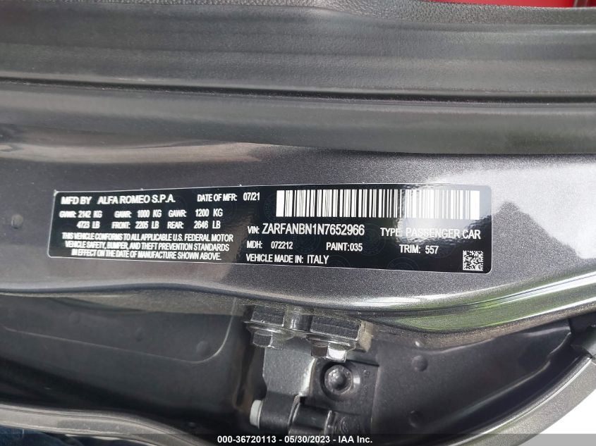 2022 ALFA ROMEO GIULIA VELOCE - ZARFANBN1N7652966