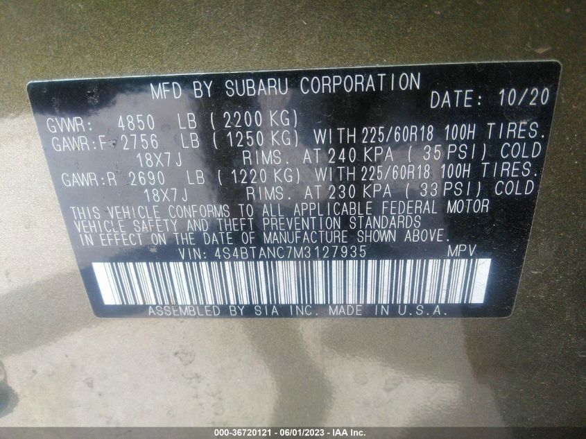 2021 SUBARU OUTBACK LIMITED - 4S4BTANC7M3127935