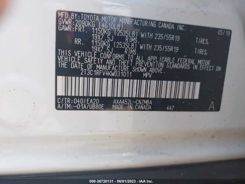 2019 TOYOTA RAV4 XLE PREMIUM - 2T3C1RFV4KW031011