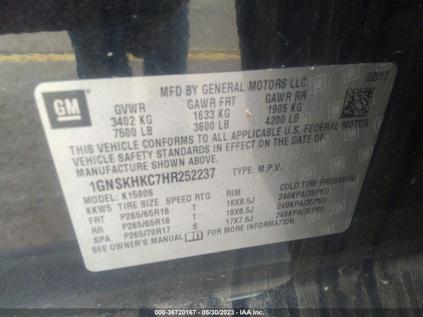 2017 CHEVROLET SUBURBAN LT - 1GNSKHKC7HR252237