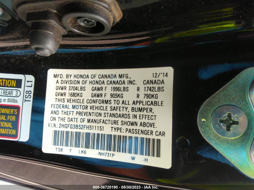 2015 HONDA CIVIC COUPE LX - 2HGFG3B52FH511151