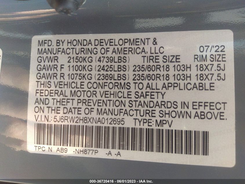 2022 HONDA CR-V EX-L - 5J6RW2H8XNA012695