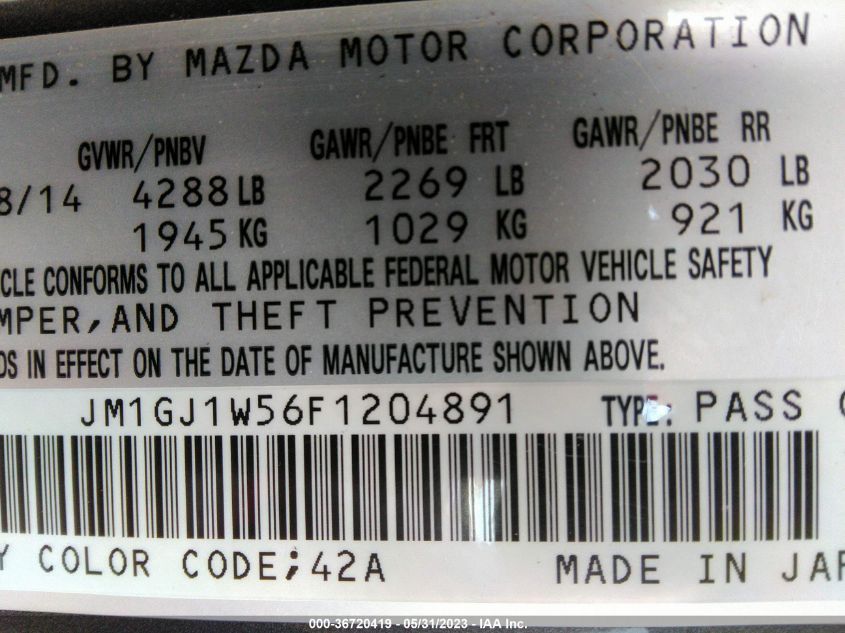 2015 MAZDA MAZDA6 I GRAND TOURING - JM1GJ1W56F1204891