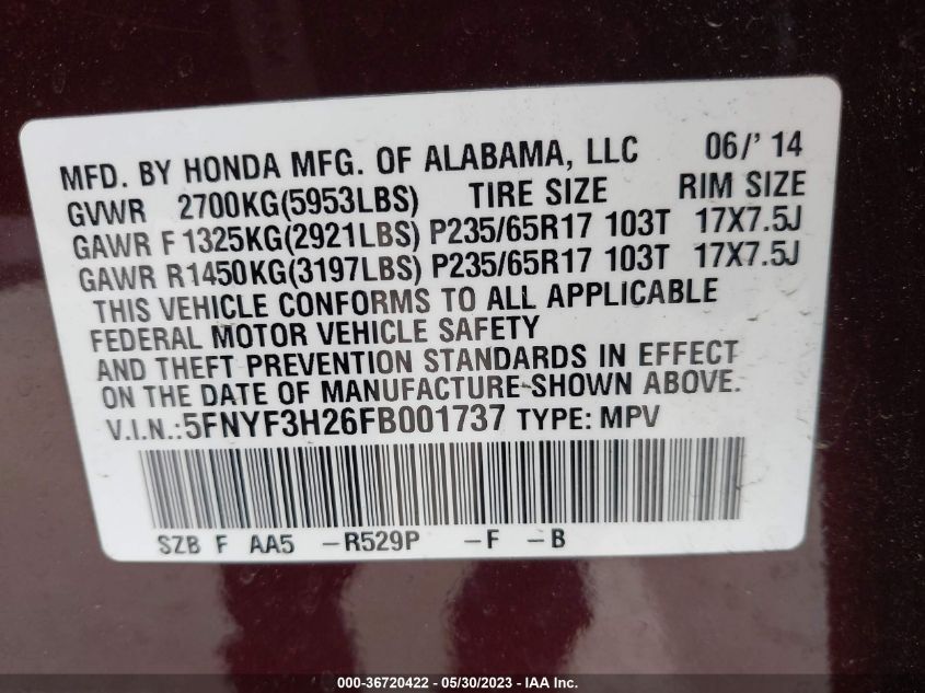 2015 HONDA PILOT LX - 5FNYF3H26FB001737