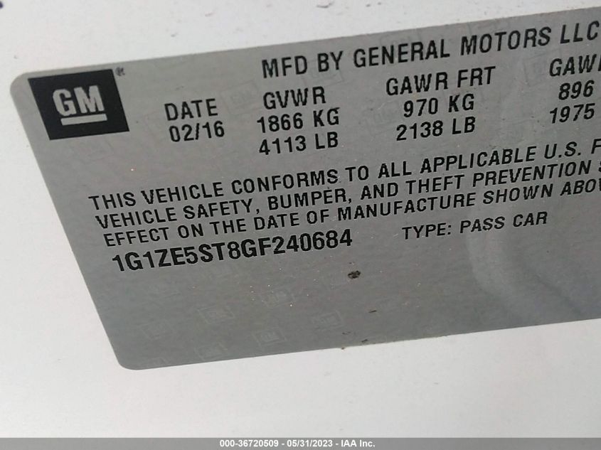 2016 CHEVROLET MALIBU LT - 1G1ZE5ST8GF240684