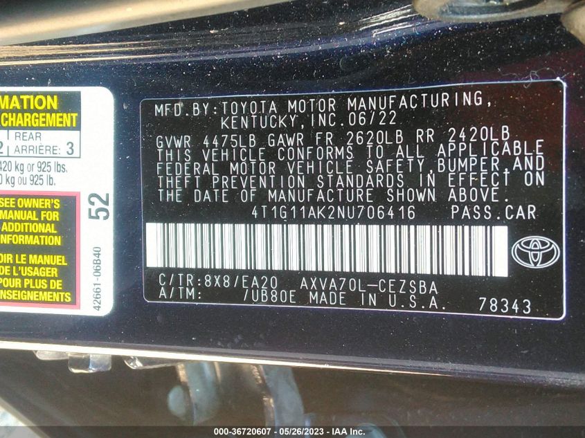 2022 TOYOTA CAMRY SE - 4T1G11AK2NU706416