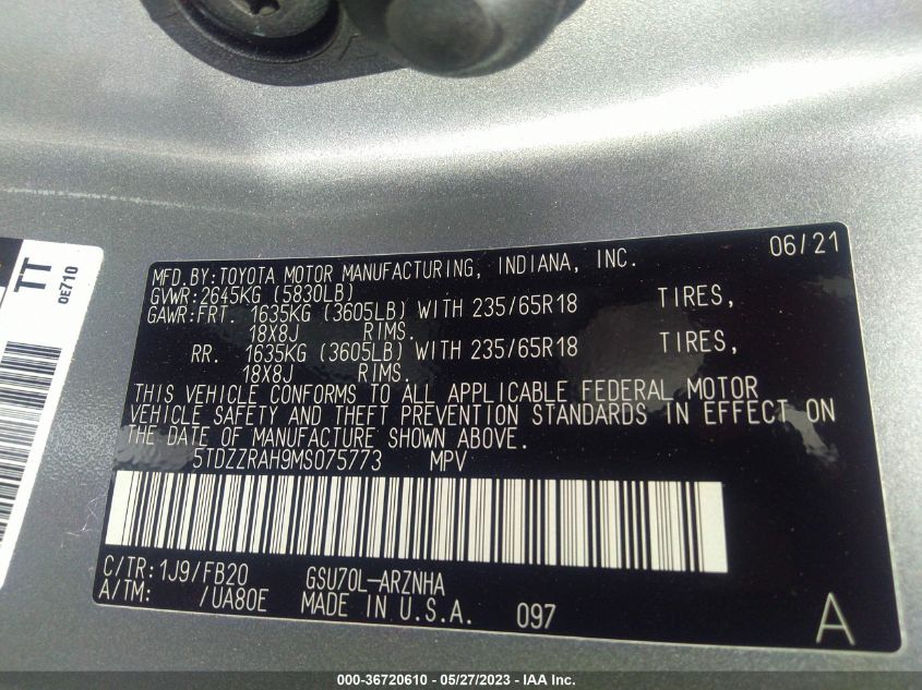 2021 TOYOTA HIGHLANDER L/LE - 5TDZZRAH9MS075773