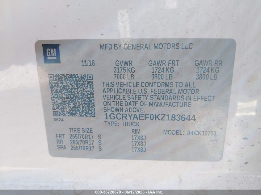2019 CHEVROLET SILVERADO 1500 WORK TRUCK - 1GCRYAEF0KZ183644