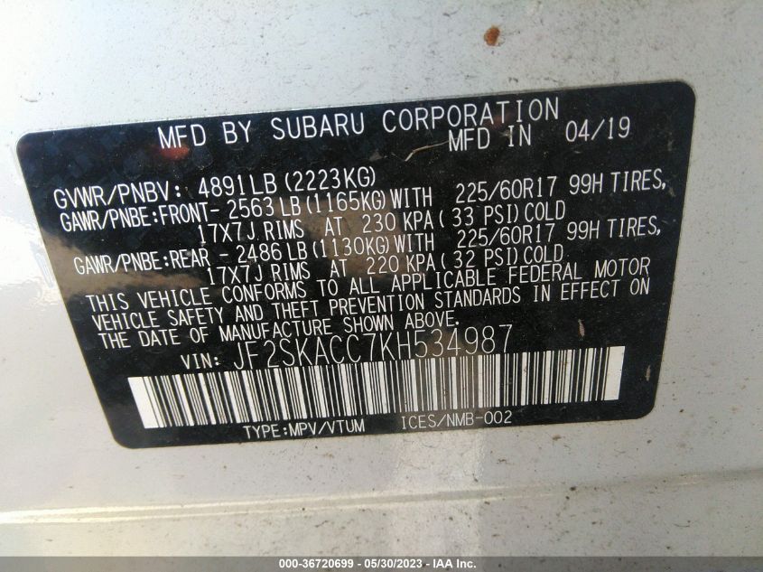 2019 SUBARU FORESTER - JF2SKACC7KH534987
