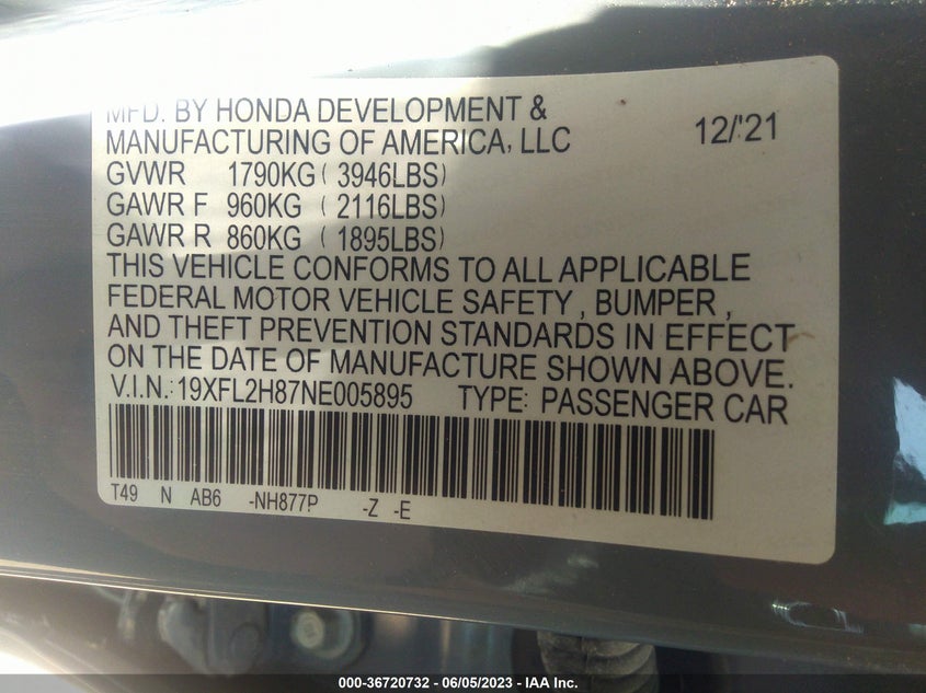 VIN 19XFL2H87NE005895 2022 HONDA CIVIC HATCHBACK SPORT