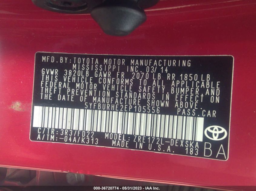 2014 TOYOTA COROLLA L/LE/S/S PLUS/LE PLUS - 5YFBURHE2EP105556