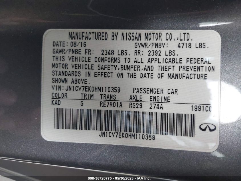2017 INFINITI Q60 2.0T JN1CV7EK0HM110359