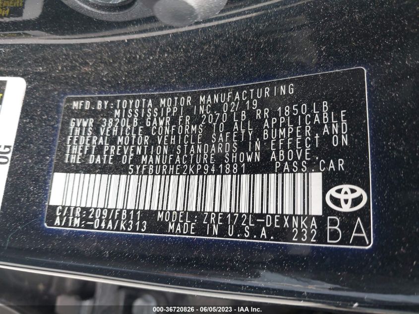 2019 TOYOTA COROLLA L/LE/SE/XLE/XSE - 5YFBURHE2KP941881