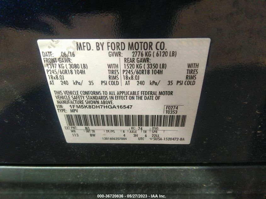 2017 FORD EXPLORER XLT - 1FM5K8DH7HGA16547
