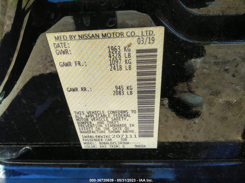VIN 1N4BL4BV2KC207111 2019 NISSAN ALTIMA 2.5 S