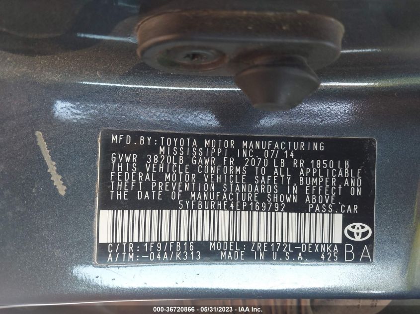 2014 TOYOTA COROLLA L/LE/S/S PLUS/LE PLUS - 5YFBURHE4EP169792