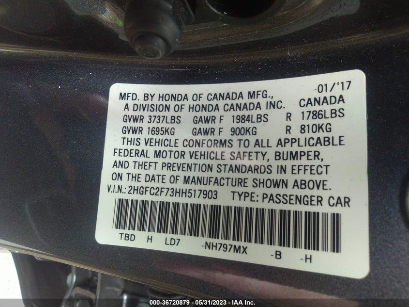 VIN 2HGFC2F73HH517903 2017 HONDA CIVIC SEDAN EX